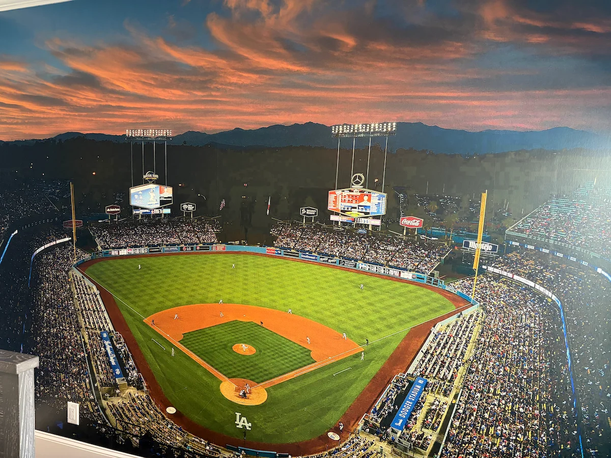 Baseball stadium wall mural bringing a panoramic ballpark view into a room